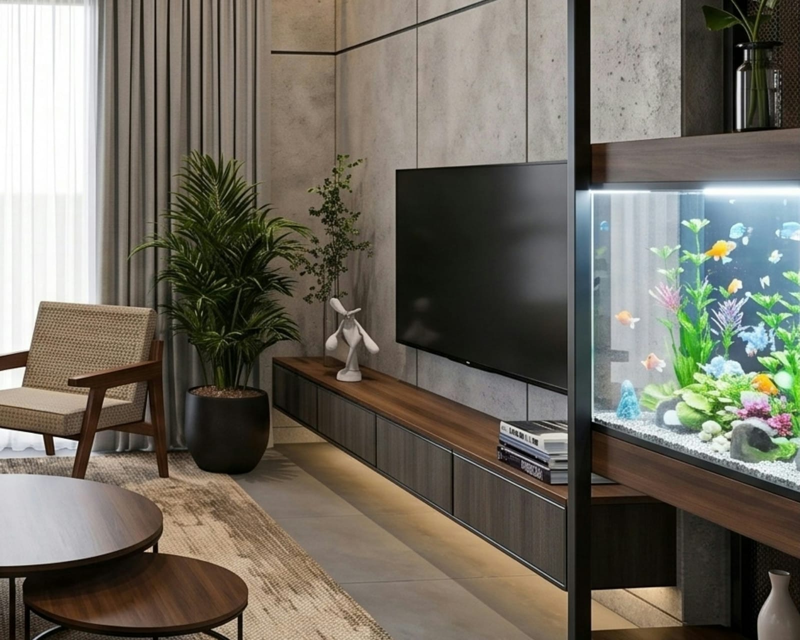 A built-in aquarium set into the shelving of a modern living room